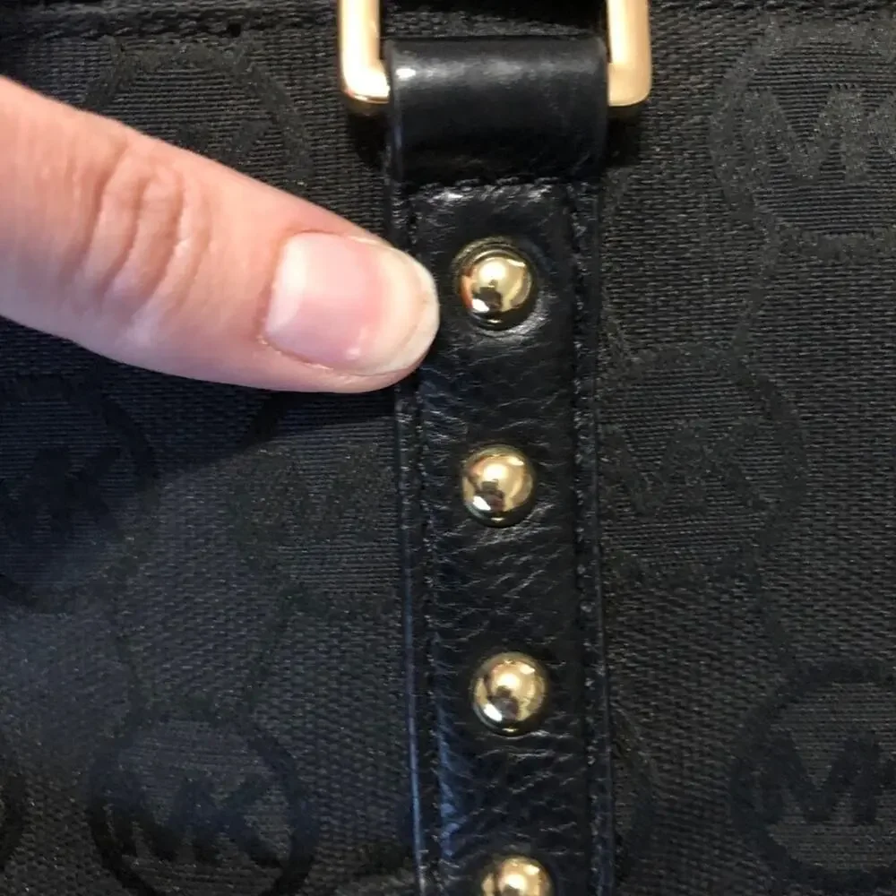 MICHAEL KORS Signature Tote Canvas Handbag Black LOGO Shoulder Bag Purse Gold